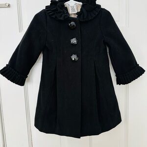 Chic Kids Black Pea Coat with Ruffle Accents